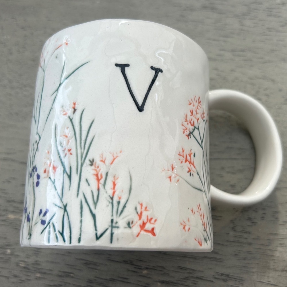Anthropologie Monogram V Floral Coffee Mug Wildflower Botanical Ceramic Cup